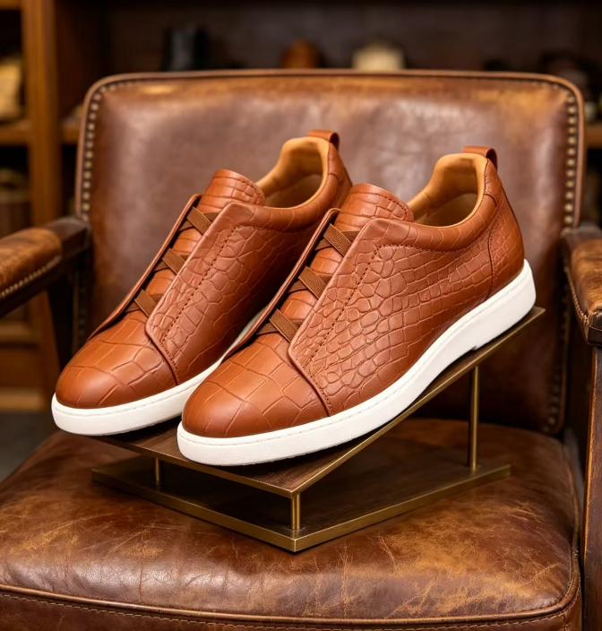 Handcrafted Brown Leather Low-Top Sneakers