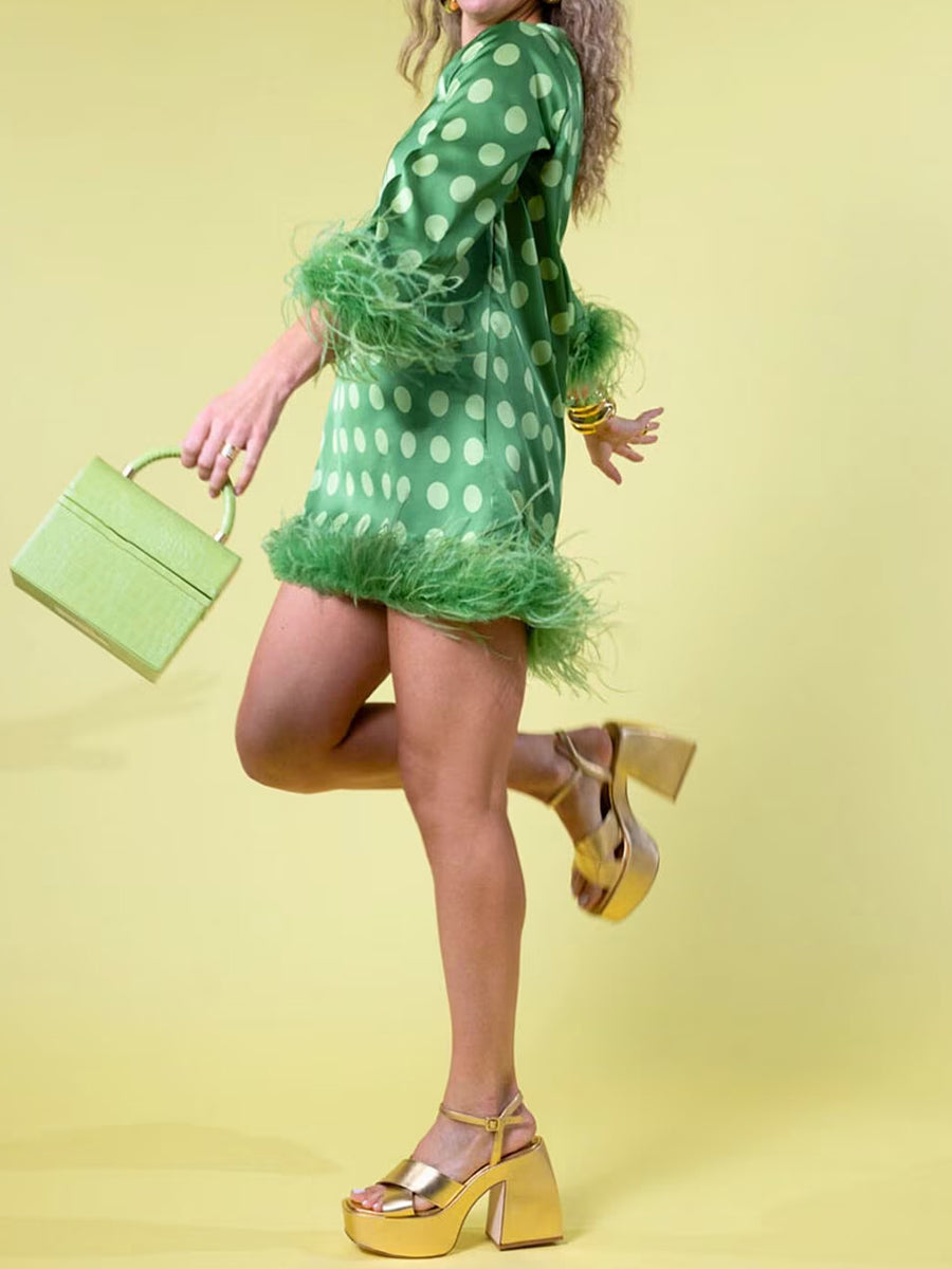 Printed Satin Polka Dot Feather Mini Dress