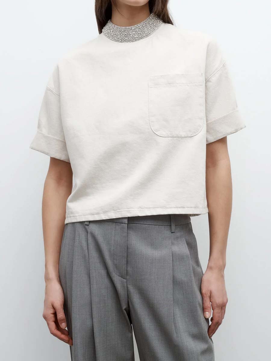 Crystal Collar Short Sleeve Top