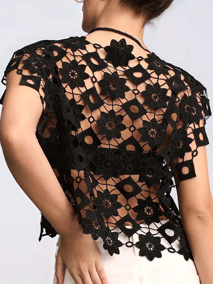 Hollow Out Floral Lace Cropped Blouse