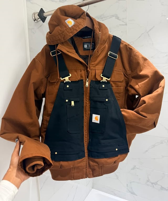 Workwear-Style Patchwork Hooded Jacket With Suspenders