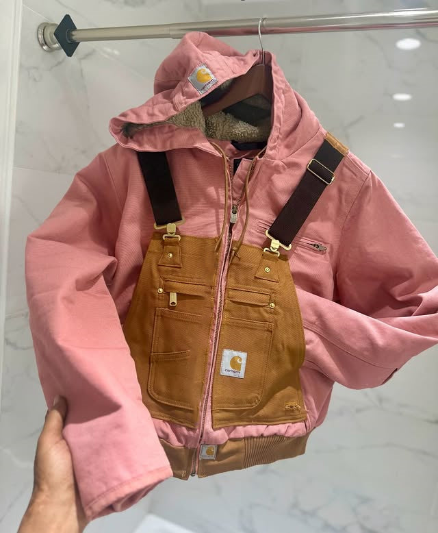 Workwear-Style Patchwork Hooded Jacket With Suspenders