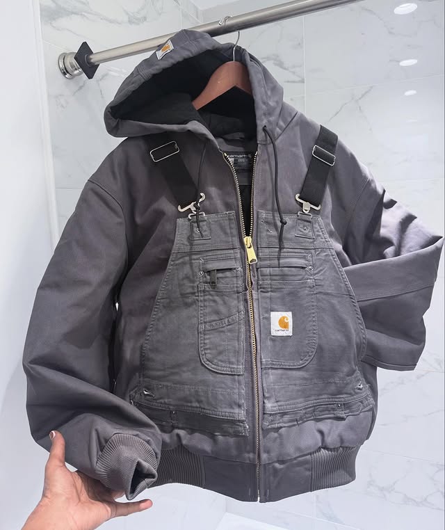 Workwear-Style Patchwork Hooded Jacket With Suspenders