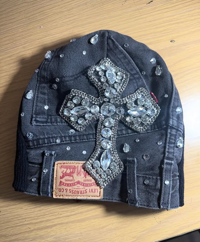 Rhinestone Cross Denim Durag Hat