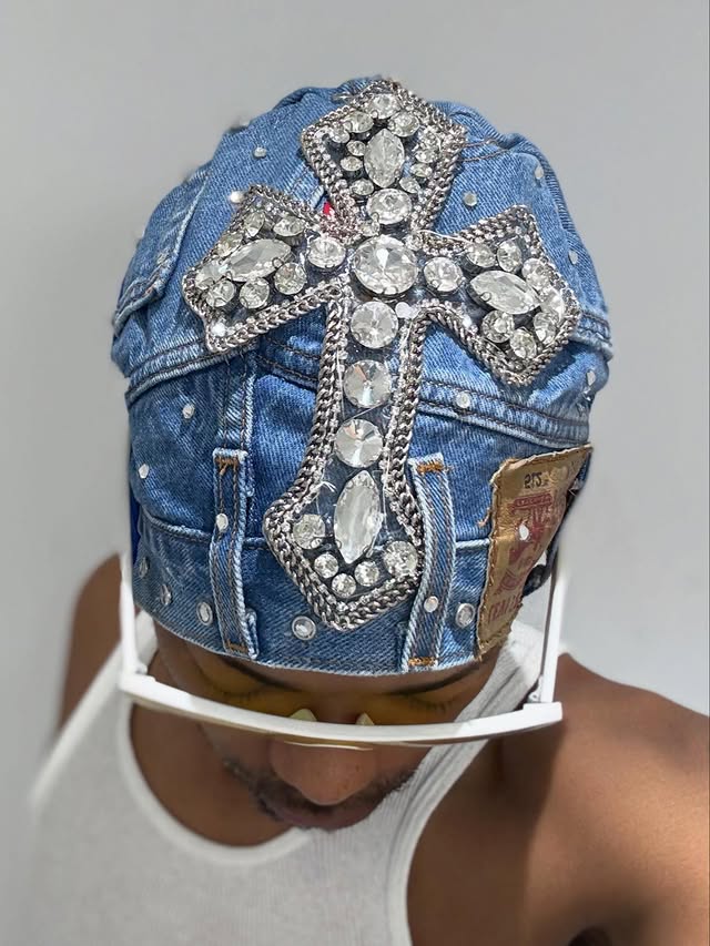 Rhinestone Cross Denim Durag Hat