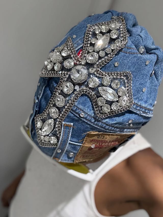 Rhinestone Cross Denim Durag Hat