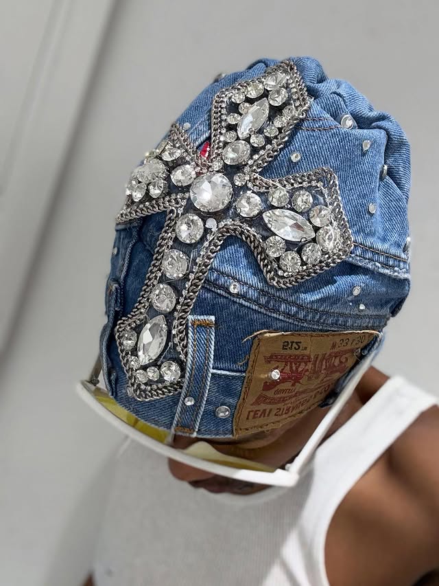 Rhinestone Cross Denim Durag Hat