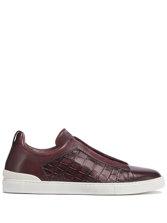 Brown Crocodile Leather Triple Stitch Sneakers