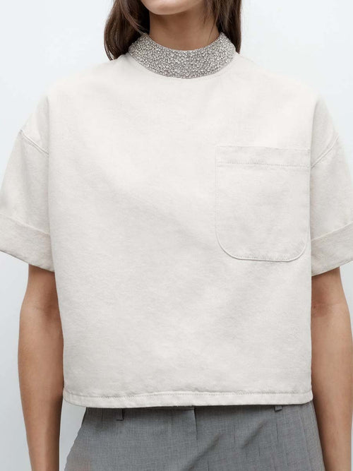 Crystal Collar Short Sleeve Top