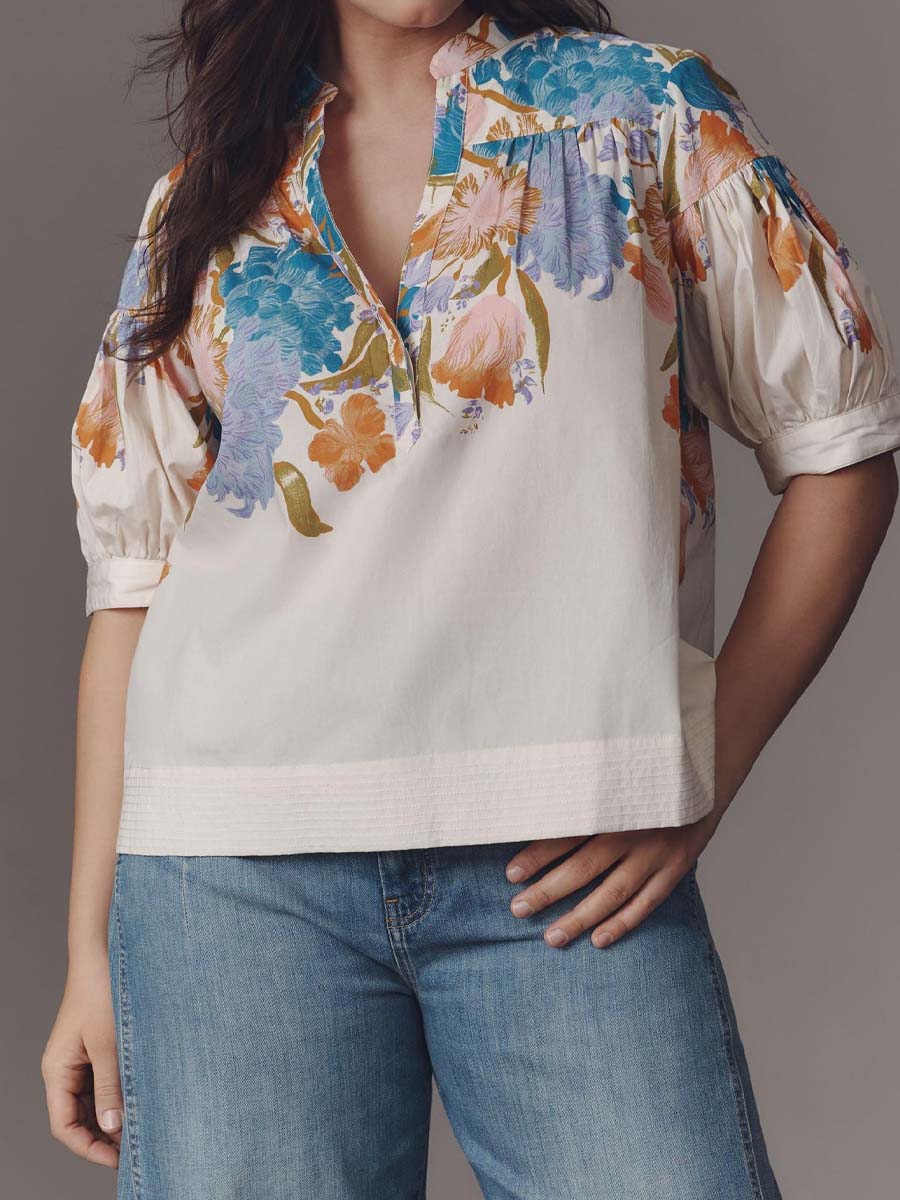 Floral Print Loose V Neck Top