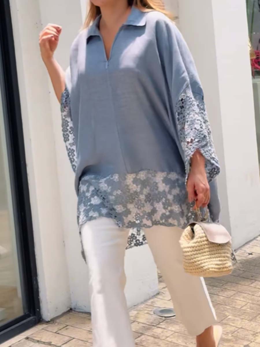 Irregular Batwing Sleeve Lace Blouse