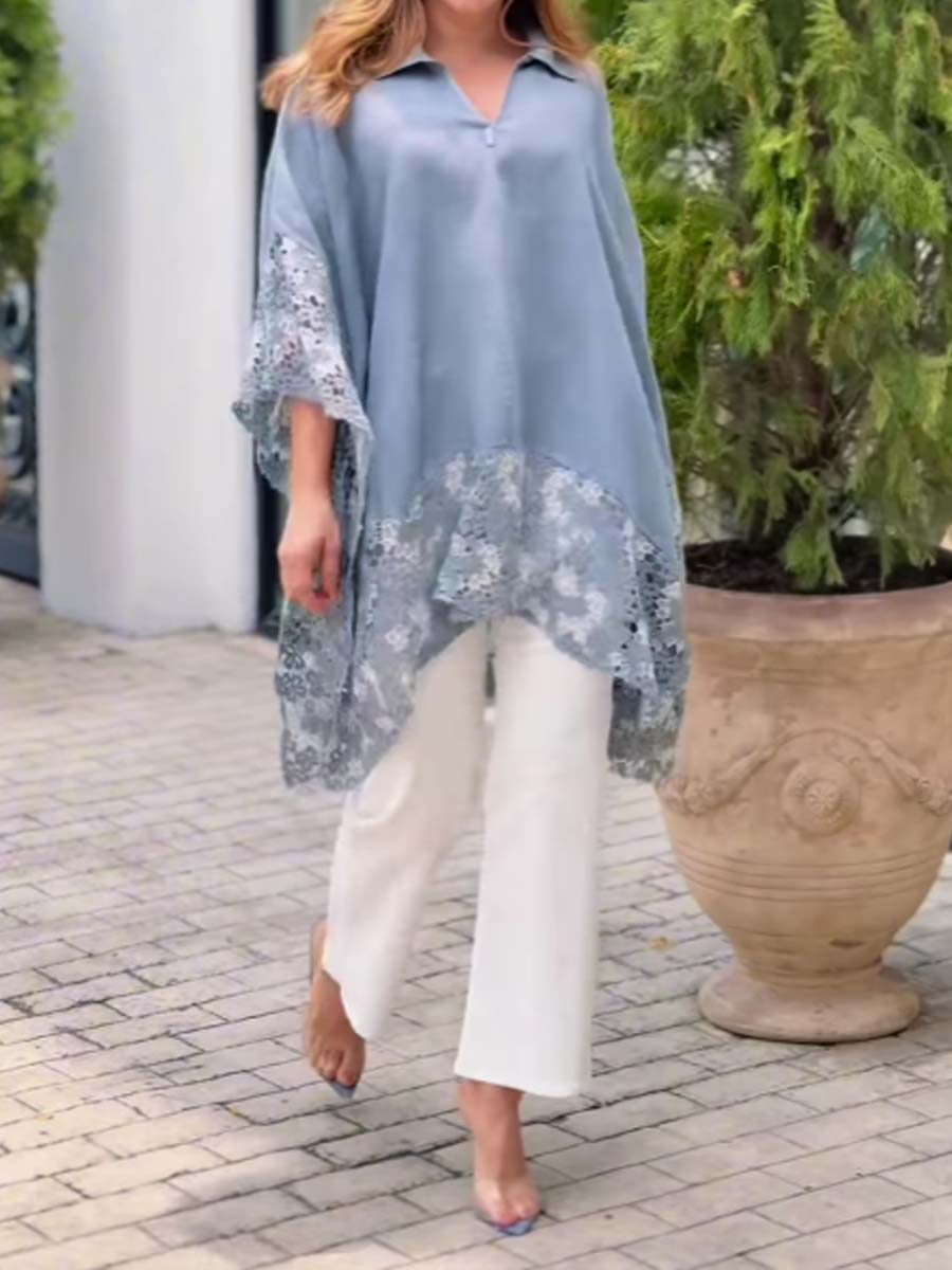 Irregular Batwing Sleeve Lace Blouse