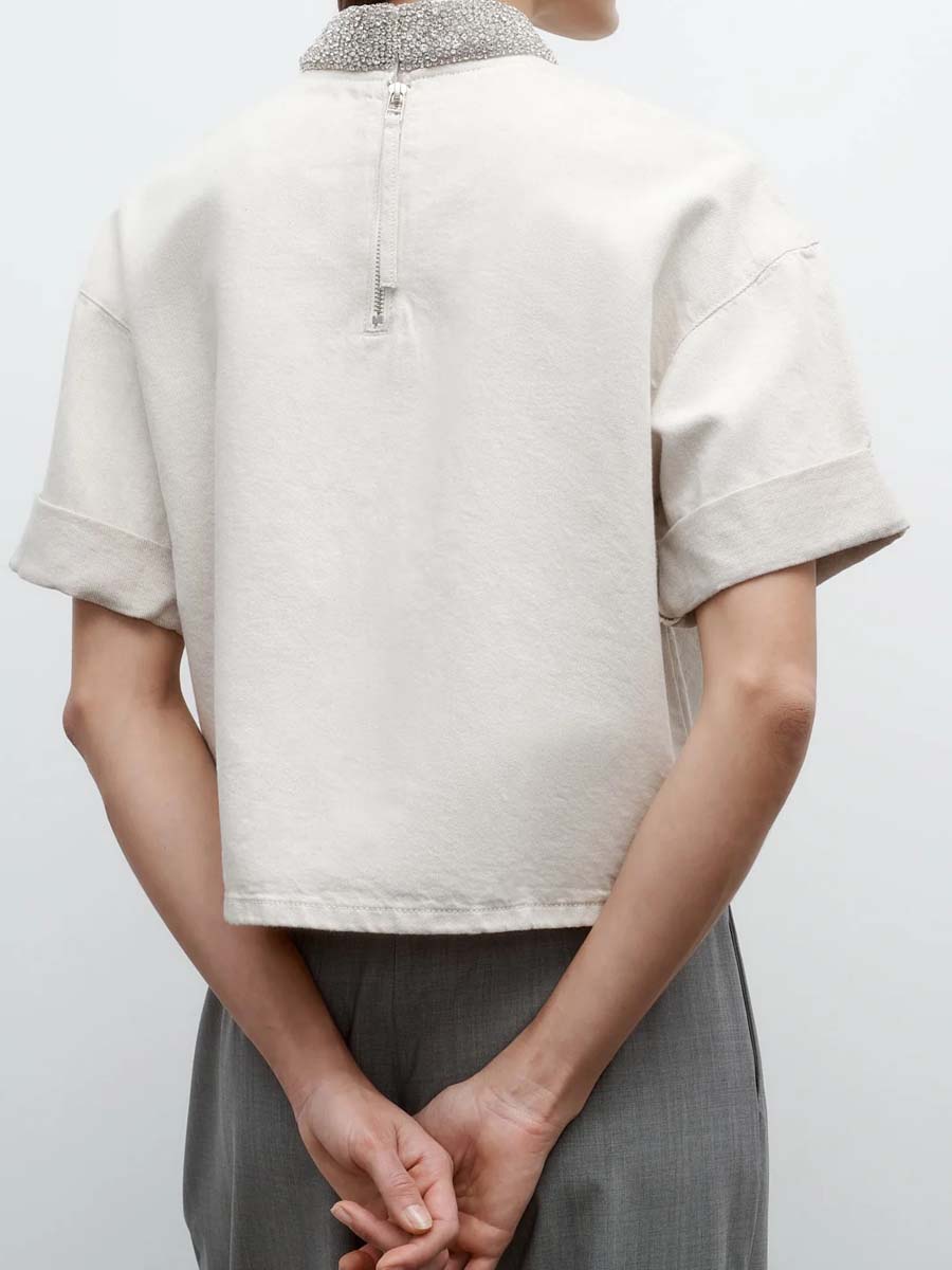 Crystal Collar Short Sleeve Top