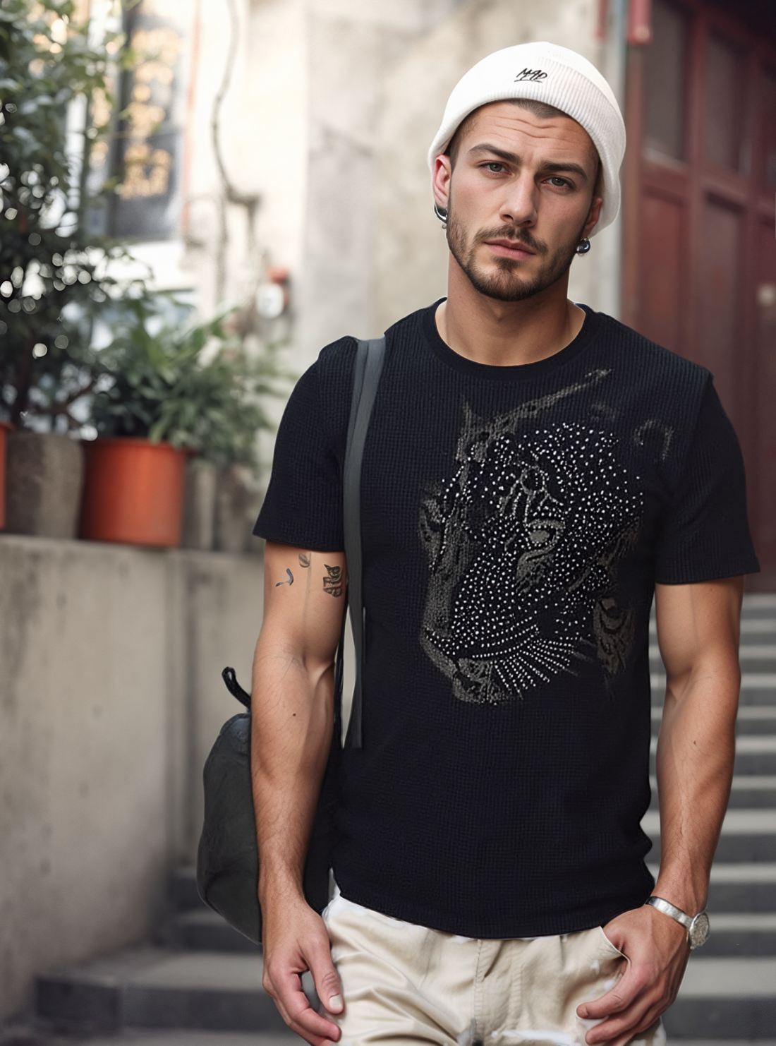 Men's rhinestone leopard short-sleeved T-shirt