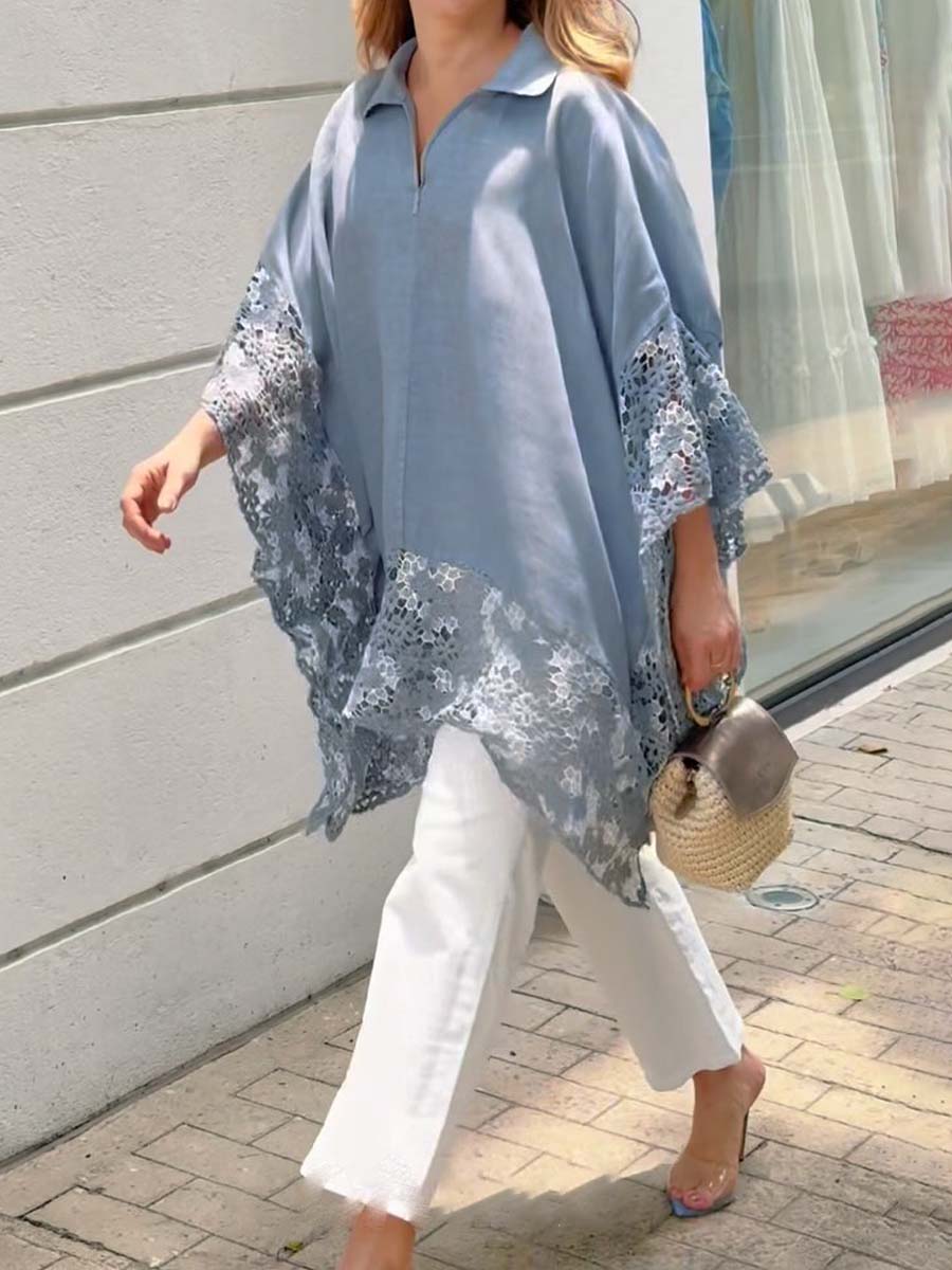 Irregular Batwing Sleeve Lace Blouse