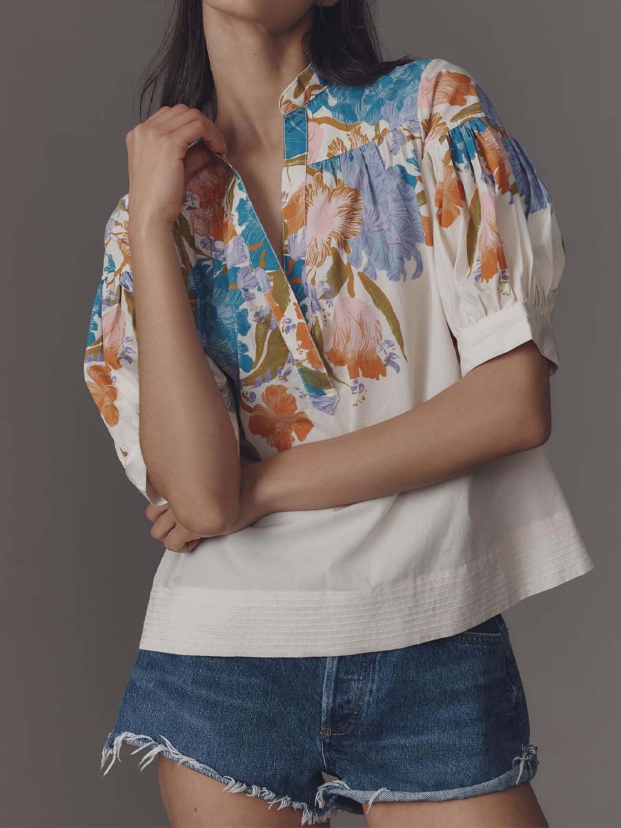 Floral Print Loose V Neck Top