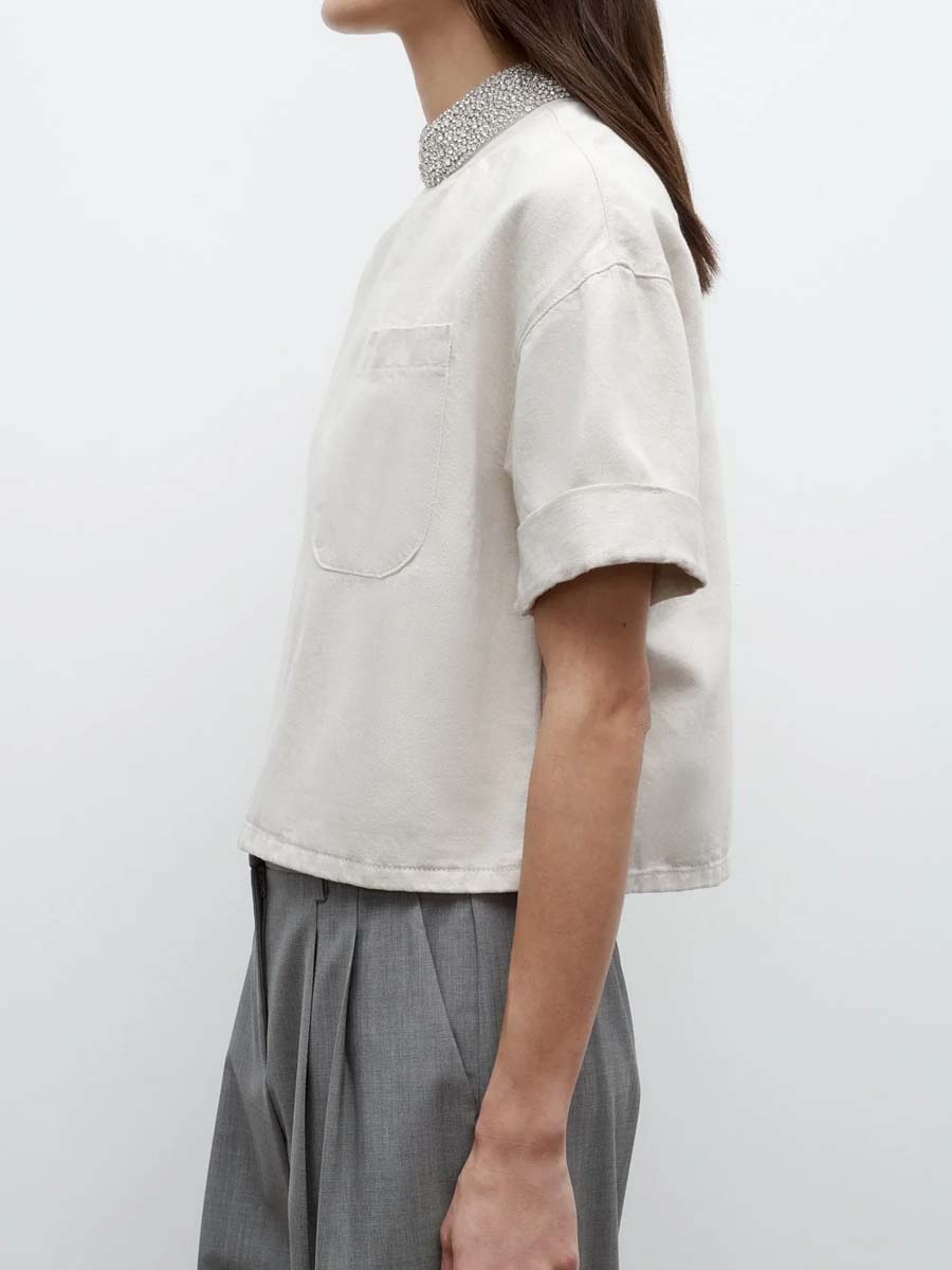 Crystal Collar Short Sleeve Top