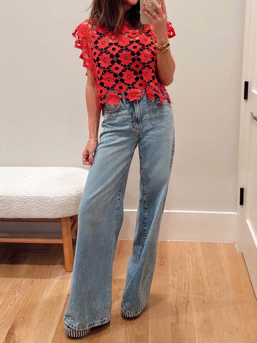 Hollow Out Floral Lace Cropped Blouse