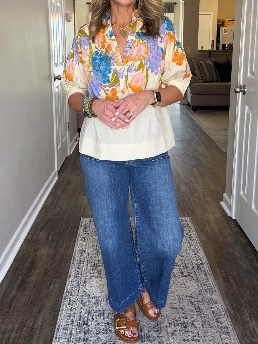 Floral Print Loose V Neck Top