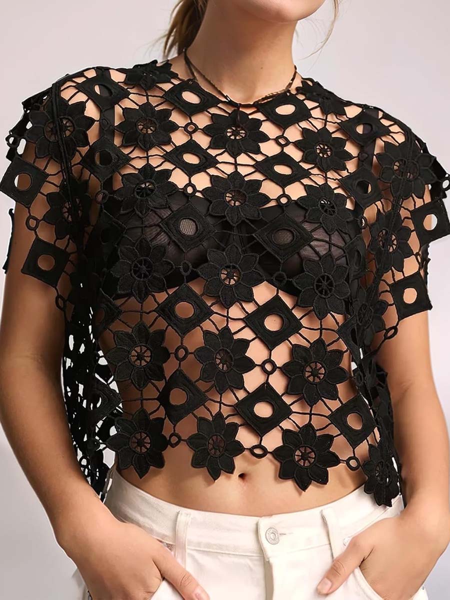 Hollow Out Floral Lace Cropped Blouse