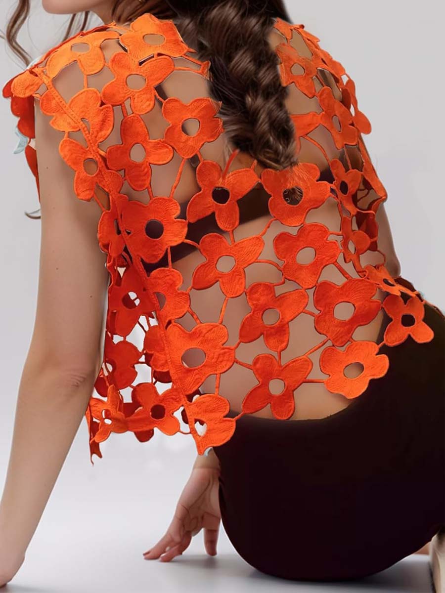Hollow Out Floral Lace Cropped Blouse