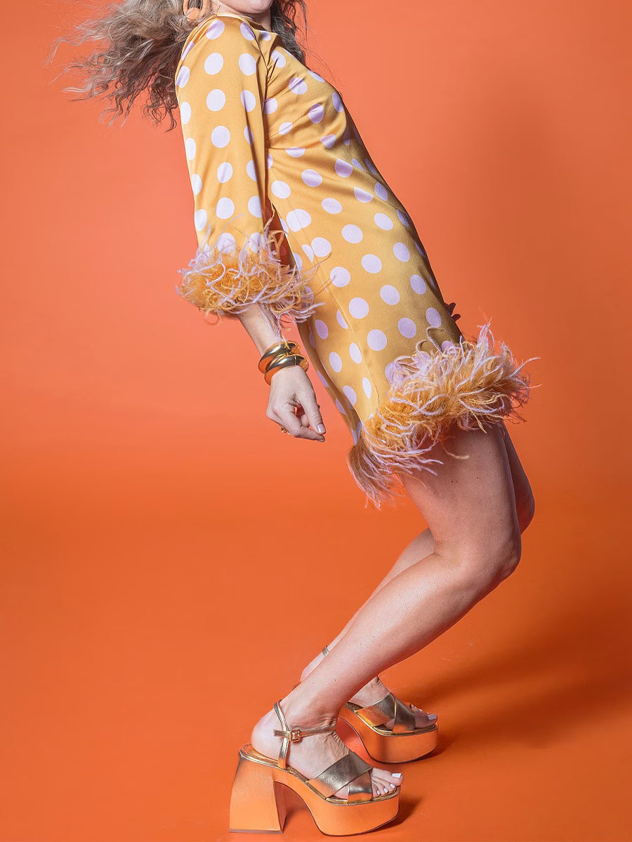 Printed Satin Polka Dot Feather Mini Dress