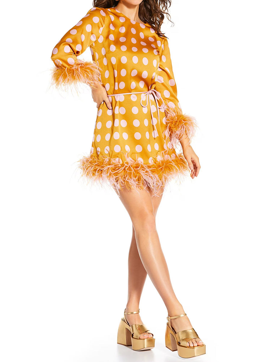 Printed Satin Polka Dot Feather Mini Dress
